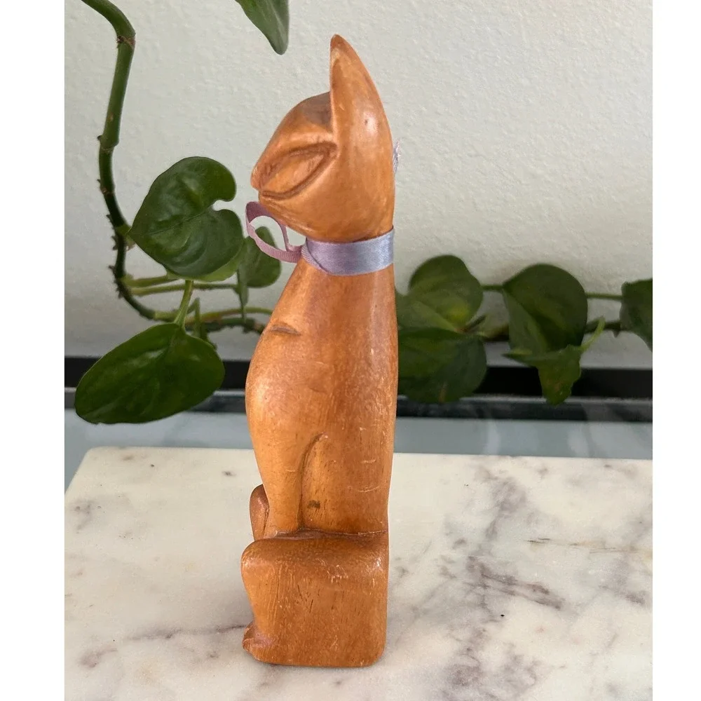 Vintage Mid Century Modern Hand Carved Wooden Cat Figurine MCM Feline Statue 6